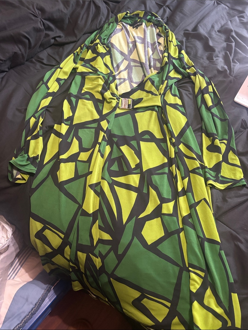 Nine West Green Geometric Print V-Neck Tunic with Buckle